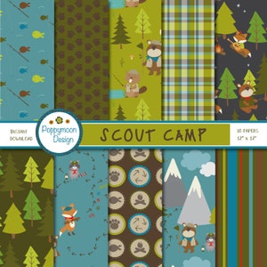 Carta Scout Camp, animali boschivi, scout, pacchetto di carta digitale stampabile.