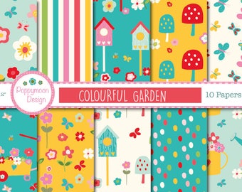 Colourful garden,spring, digital paper pack