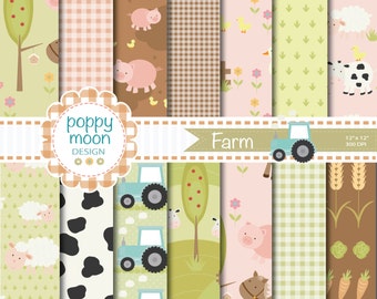Cute farm animals,tractors,crops, printable digital paper pack