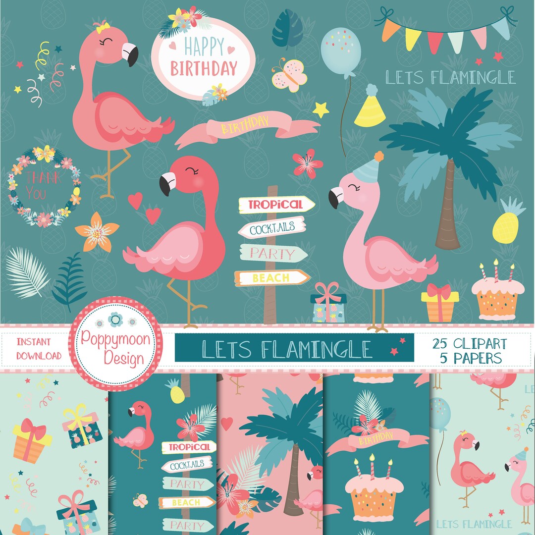 Flamingo Party, Lets Flamingle Printable Digital Clipart and Paper Pack ...