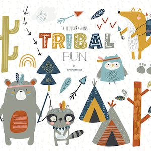 Tribal Spaß, Tiere, druckbare digitale Clipart-Set