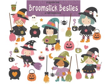 以下が含まれることがあります： Broomstick Bestiesと題されたデジタルイラストセット。魔女の帽子をかぶった5人のキャラクター、ほうき、ジャック・オー・ランタン、大釜、魔法の薬のボトル、マグカップ、クモ、星が、黒、オレンジ、ピンク、緑のカラーパレットで描かれています。