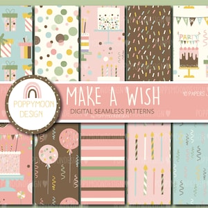 May include: A set of 10 digital seamless patterns featuring birthday party themes. The patterns include colourful confetti, candles, cakes, presents, and balloons. The patterns are perfect for creating invitations, party decorations, and other craft projects.