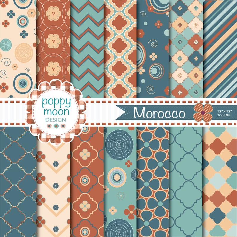 Morocco brown and blues pattern,printable digital paper pack