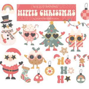 Hippie Weihnachten, fröhliche Feiertage Grafiken - Retro festliche digitale Clipart
