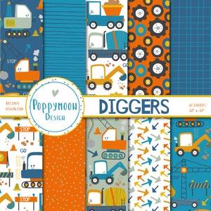 Diggers, construction, colourful, digital paper pack, scrapbook paper