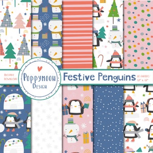 Può includere: Un set di 10 design di carta digitale con pinguini festivi, pupazzi di neve, alberi di Natale e motivi invernali. Le carte sono in una varietà di colori, tra cui blu, rosa, rosso, verde e bianco. Le carte misurano 30,5 cm per 30,5 cm.