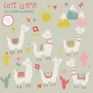 Schattig lama's, cactus en bergen, afdrukbare digitale clipart set