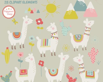 Cute llamas, cactus and mountains, printable digital clipart set