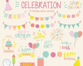 Celebration Clipart Bundle PNG, Party Balloons Bunting Gifts & Hats, 25 Fun Birthday PNG Files, Transparent Background Instant Download