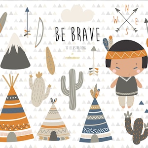 May include: A set of 17 illustrations with a Native American theme. The image features teepees, cacti, arrows, a bow, a compass, a mountain, a cloud, and a cartoon Native American figure. The text "BE BRAVE" is also included.