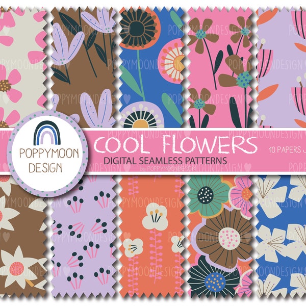 Cool Flowers, bold floral pattern, printable seamless digital paper pack