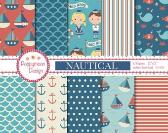 Nautical boy and girl sailors, blue and red, digital paper pack