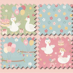 May include: Four patterned fabric swatches with a birthday theme. The designs feature cartoon geese with party hats, balloons, and cakes. One swatch has a floral pattern. The color palette includes pastel pink, blue, green, and yellow.