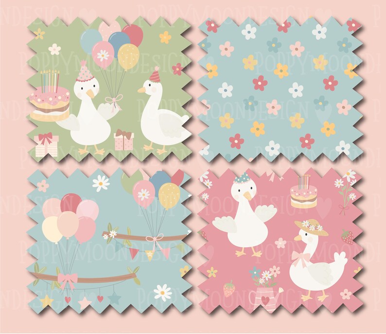 May include: Four patterned fabric swatches with a birthday theme. The designs feature cartoon geese with party hats, balloons, and cakes. One swatch has a floral pattern. The color palette includes pastel pink, blue, green, and yellow.