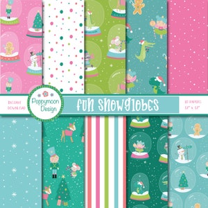 May include: Ten digital papers featuring a variety of snow globe designs with winter holiday themes. The papers are 12 inches by 12 inches and feature a variety of colors, including pink, green, blue, and white. The designs include snow globes with a snowman, a gingerbread man, a nutcracker, a deer, a mouse, a fairy, a dinosaur, and a raccoon.