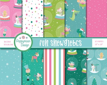 Fun snowglobes, characters, christmas, winter, printable digital paper pack, commercial and personal use.