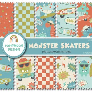 May include: A set of 10 digital seamless patterns featuring cute monster skaters. The patterns are in a retro style with bright colors and fun designs. The patterns include a checkered pattern, a pattern with stars, a pattern with lightning bolts, and a pattern with the word "skate" on it.
