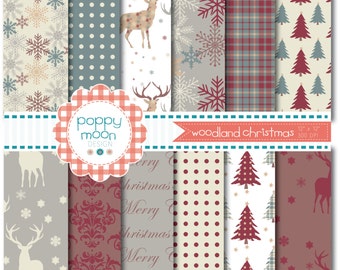 Woodland christmas deers and trees,  printable digital paper pack