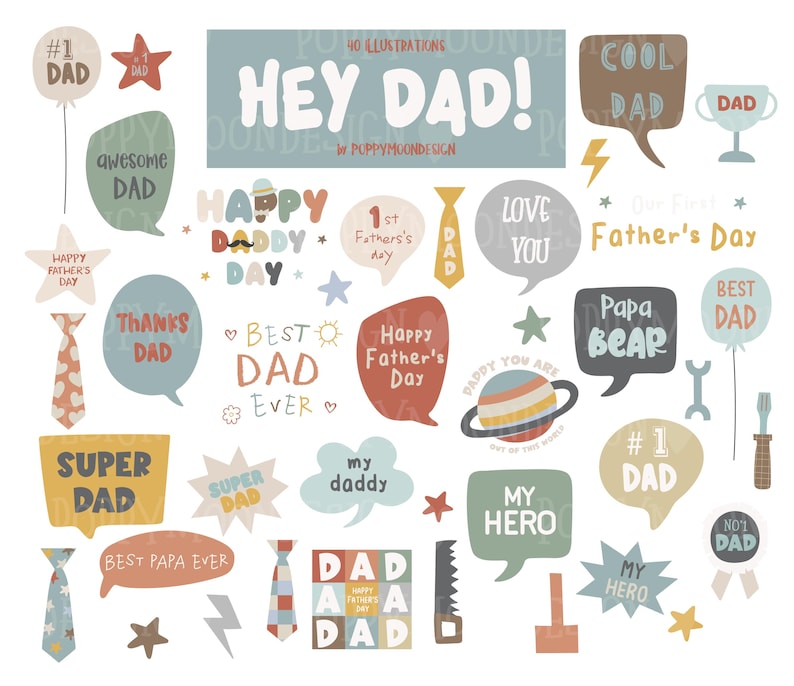 May include: A set of illustrations with a Father's Day theme. Features speech bubbles with phrases such as "Hey Dad!", "Happy Father's Day", and "My Hero". The colour scheme includes soft blues, oranges, and yellows, with star and tie motifs.