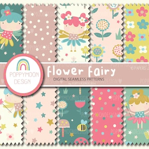May include: A set of 10 digital seamless patterns featuring flower fairies. The patterns are in a variety of colours, including pink, blue, green, yellow, and white. The patterns are perfect for use in scrapbooking, card making, and other craft projects.