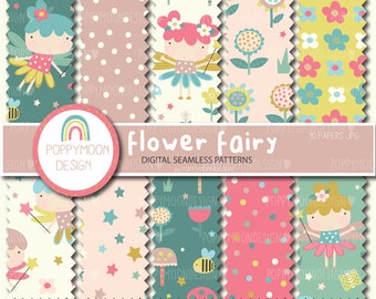 Flower fairy, garden fairies, magical, printable seamless digital paper pack