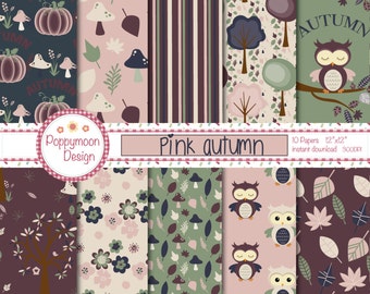 Pink Autumn,owls,trees and leaves, printable digital paper pack