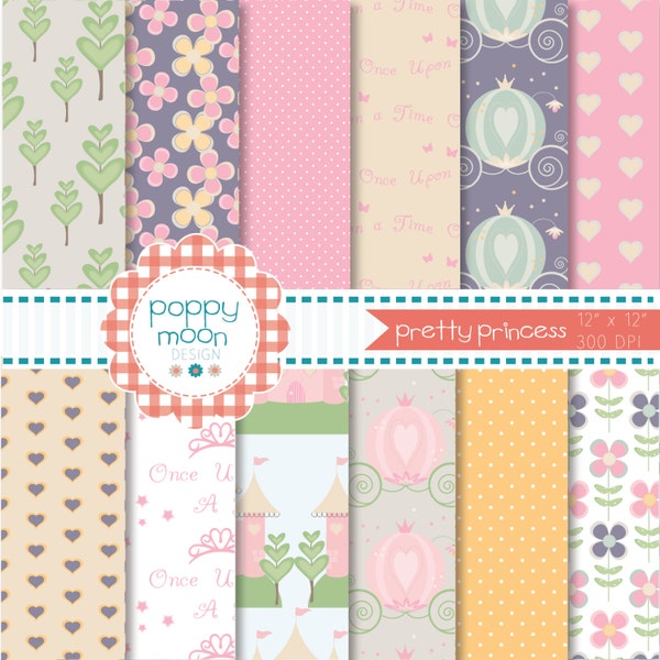 Pretty princesses,carriage and castle, printable digital paper pack