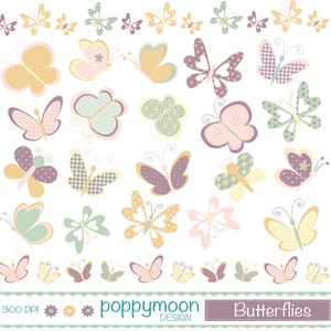Farfalle, colori pastello, clipart digitali stampabili