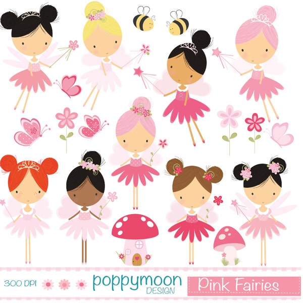 Pink Garden fairy, princess fairy, flowers and butterflies, digital clip art set