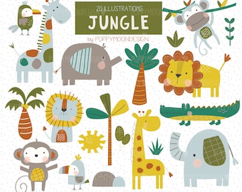 Può includere: 20 illustrazioni di animali e piante della giungla in stile cartone animato. Gli animali includono una giraffa, un elefante, un leone, una scimmia, un tucano e un coccodrillo. Le piante includono palme, un sole e cespugli verdi.