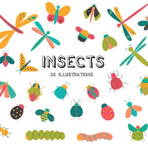 May include: A set of 26 colourful illustrations of various insects, including butterflies, ladybirds, dragonflies, and caterpillars. The illustrations are in a cartoon style and are perfect for use in children's books, educational materials, or craft projects.