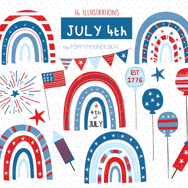 July 4th Rainbows, printable digital clipart set