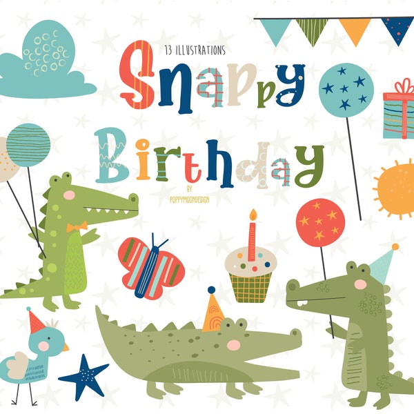 Snappy Birthday, Caimanes, juego de imágenes prediseñadas digitales imprimibles