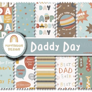Pode incluir: Uma coleção de papéis digitais estampados com o tema do Dia dos Pais. Os designs incluem textos como "Daddy", "Happy Father's Day" e "Best Dad Ever", juntamente com ilustrações de gravatas, estrelas e planetas. A paleta de cores apresenta tons de azul, castanho e laranja.