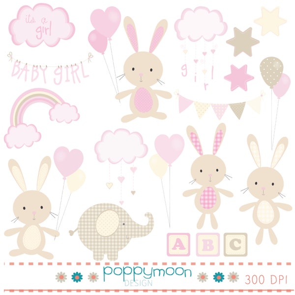 Baby girl,new baby, pink and beige bunnies, digital clip art set