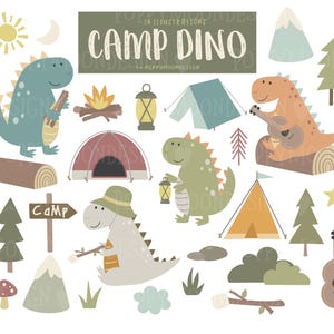 Dinos mignons Campout Clipart Bundle - arbres de la forêt et graphiques de tente