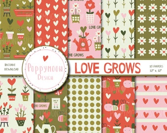 Love Grows, Valentines, Wedding, printable digital paper pack
