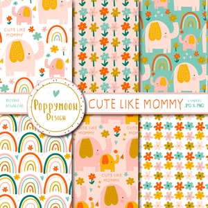 Cute like Mommy, elephants, printable digital paper pack