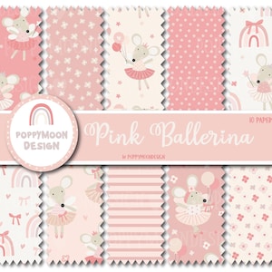 Adorable Pink Ballerina Mice Digital Pattern Set with Flowers and Rainbows
