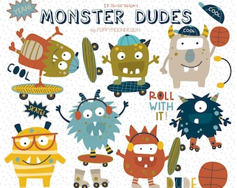 Monster Dudes, funny monsters, printable digital clipart set