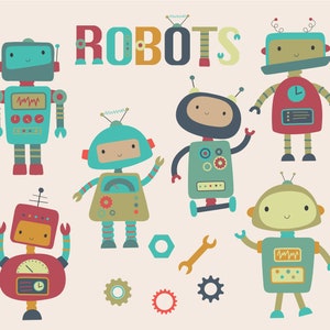 Robots, retro, digital clipart set