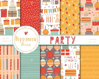 May include: A set of 10 digital papers featuring birthday party themes. The papers include patterns of presents, candles, balloons, cake, confetti, and stripes in red, yellow, blue, and green.