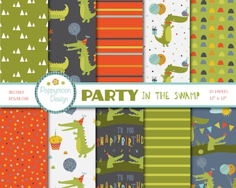 Party in the Swamp, alligator, birthday party invites,printable digital paper pack