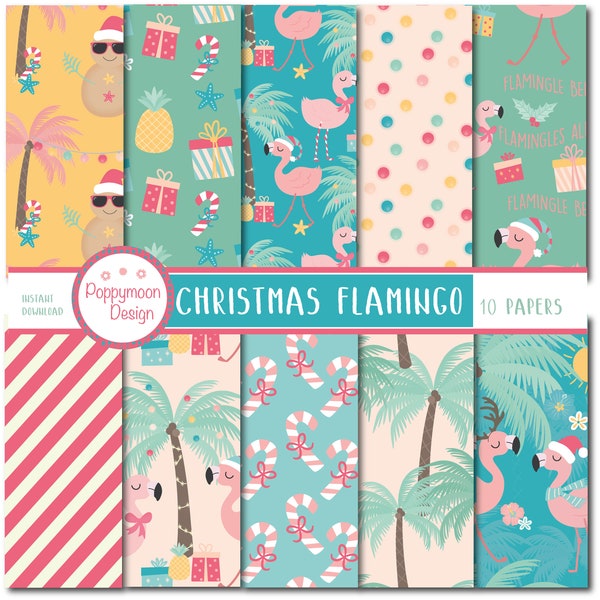 Christmas flamingo,  printable digital paper pack