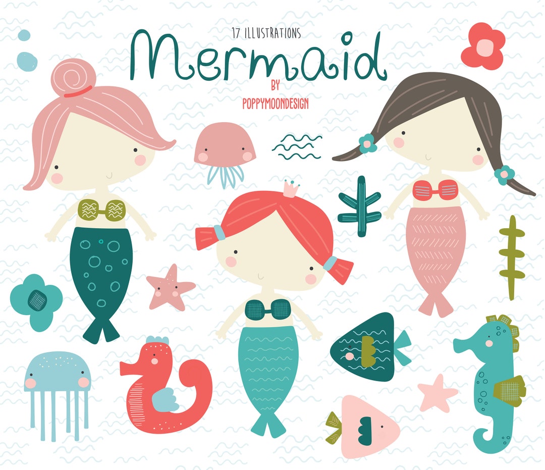 Mermaid, Seahorse and Fish , Printable Digital Clipart Set - Etsy