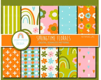 May include: A set of 10 digital seamless patterns featuring spring-themed floral and rainbow designs. The patterns include stripes, polka dots, flowers, and rainbows in a variety of colours, including orange, green, blue, pink, and white.