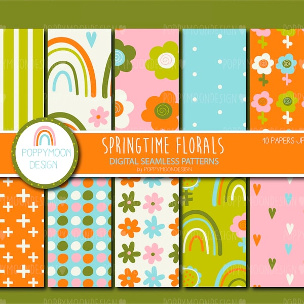 Springtime Florals,modern flower, printable seamless digital paper pack