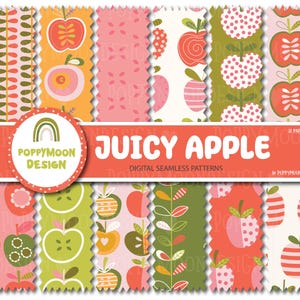 May include: A collection of digital seamless patterns with apple designs. The patterns feature various apple illustrations in shades of pink, green, orange, and white. The text "JUICY APPLE" is displayed on a red banner, along with the designer's logo.
