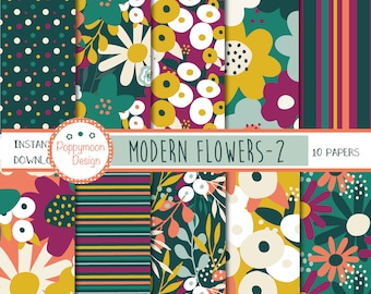 Modern flowers, colourful, patterns,yellow, purple and green,   digital paper pack